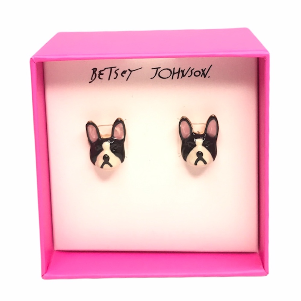 Betsey Johnson French Bulldog Earrings White Black